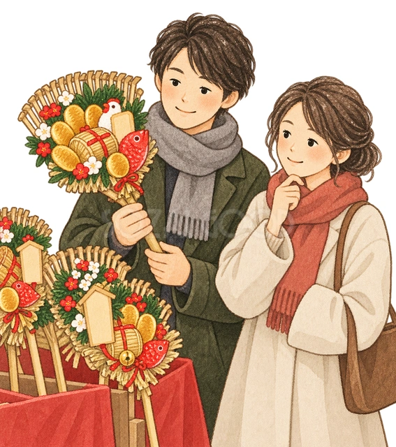 熊手を選ぶ夫婦の水彩イラスト