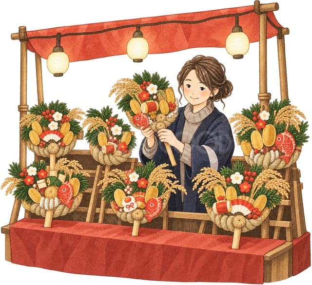 熊手を並べる露店の水彩イラスト