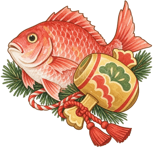 鯛と打ち出の小槌の水彩イラスト