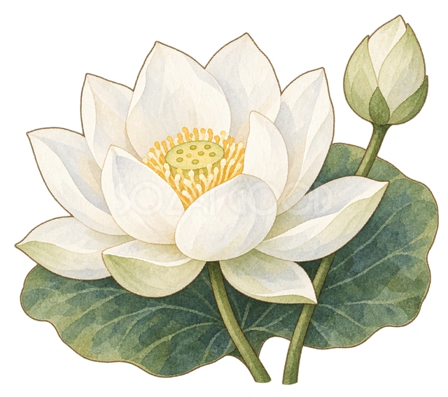 白い蓮の花の水彩イラスト