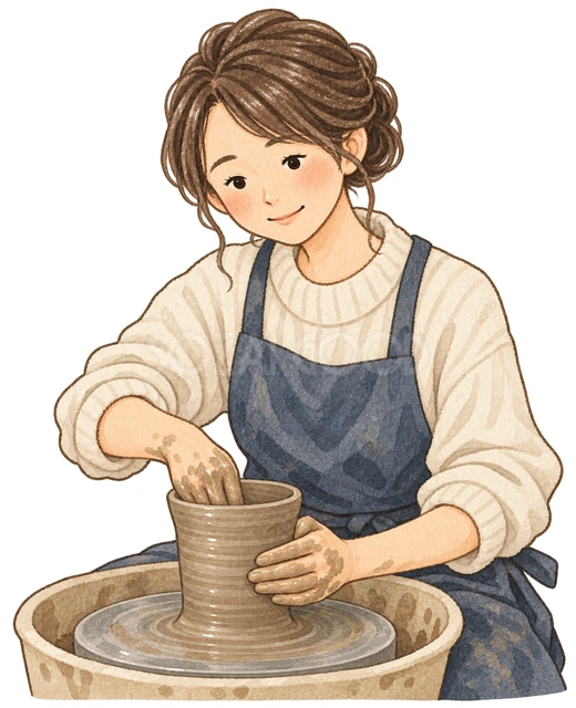 陶芸をする女性の水彩イラスト