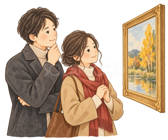 作品を鑑賞する夫婦の水彩イラスト