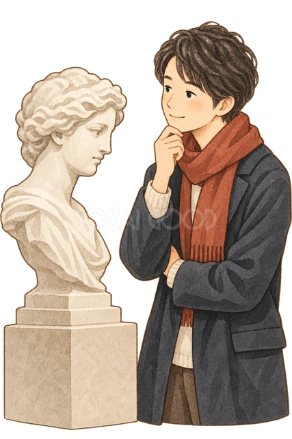 彫刻を見る男性の水彩イラスト