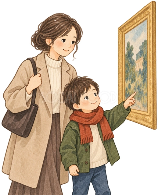 美術館へ行く親子の水彩イラスト