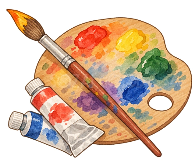絵筆と絵の具の水彩イラスト
