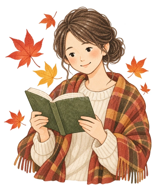 秋の葉と読書する女性の水彩イラスト