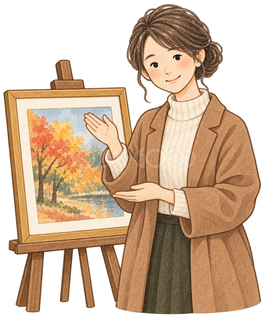 絵画を展示する先生の水彩イラスト