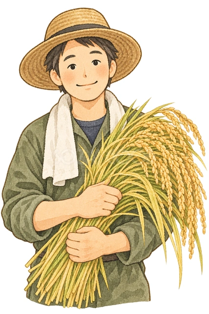稲穂を持つ農家男性の水彩イラスト