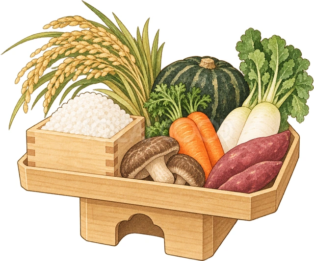 お供えの米と野菜の水彩イラスト