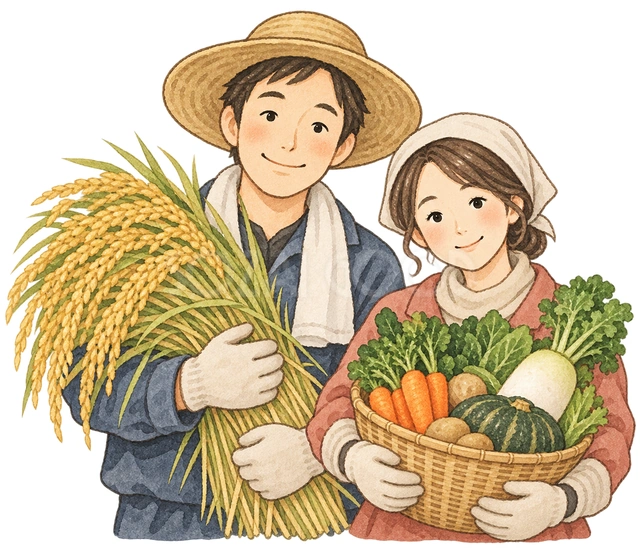 収穫を喜ぶ農家夫婦の水彩イラスト
