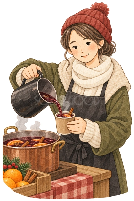 冬の屋台で注ぐ店員の水彩イラスト
