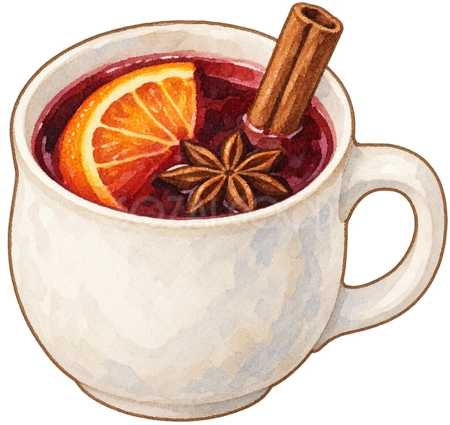 白い陶器マグのホットワインの水彩イラスト