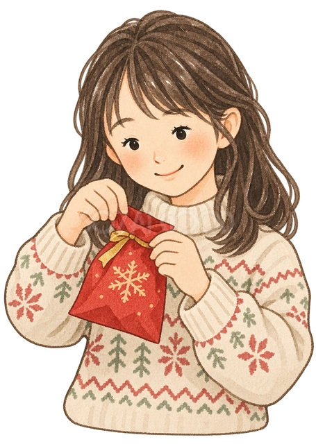 小袋を開ける女の子の水彩イラスト