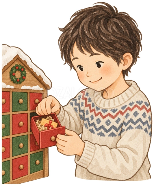 小箱を開ける男の子の水彩イラスト
