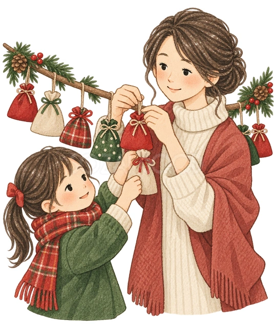 親子で飾る小袋の水彩イラスト