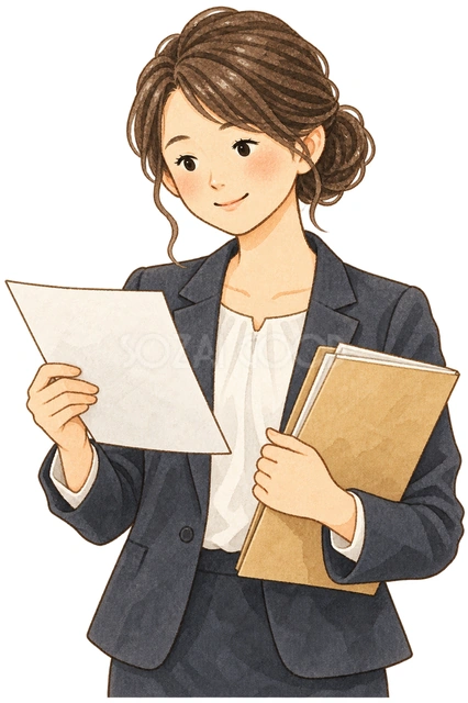 書類を確認する女性会社員の水彩イラスト
