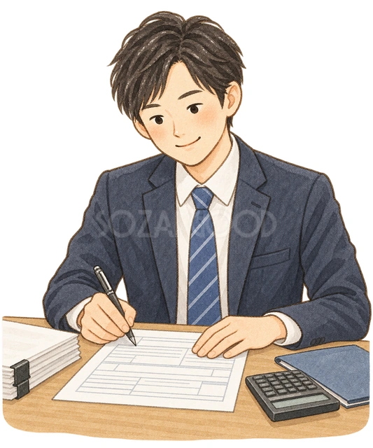 書類を記入する男性会社員の水彩イラスト