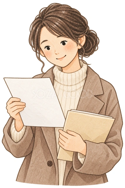 控えを確認する女性の水彩イラスト