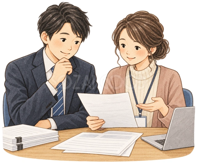 書類を相談する会社員二人の水彩イラスト