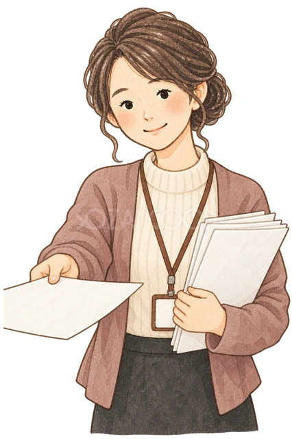 書類を受け取る経理女性の水彩イラスト