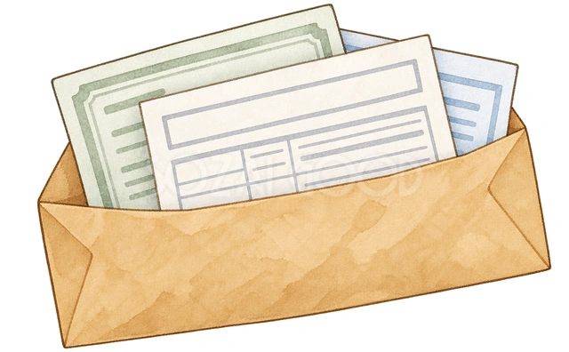 封筒と証明書の水彩イラスト