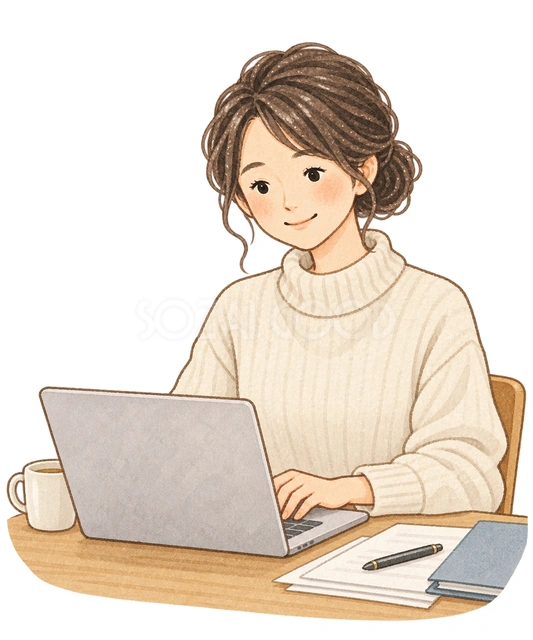 パソコンで申告する女性の水彩イラスト