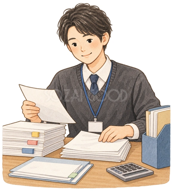 書類を整理する経理男性の水彩イラスト