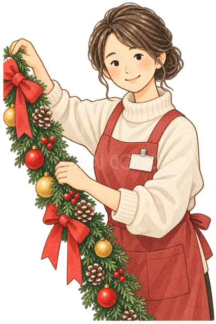 冬の売り場を飾る店員の水彩イラスト