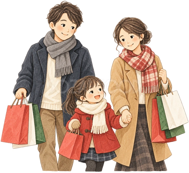 年末の買い物をする家族の水彩イラスト