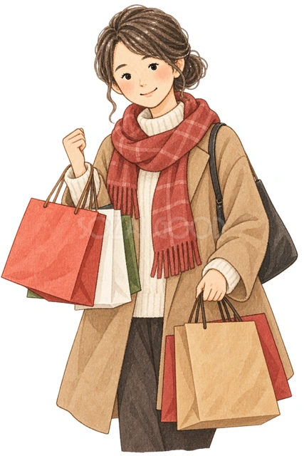 歳末の買い物をする女性の水彩イラスト