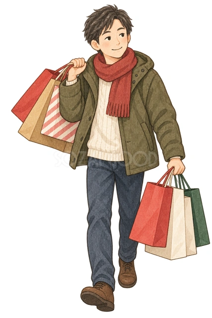 歳末の買い物をする男性の水彩イラスト