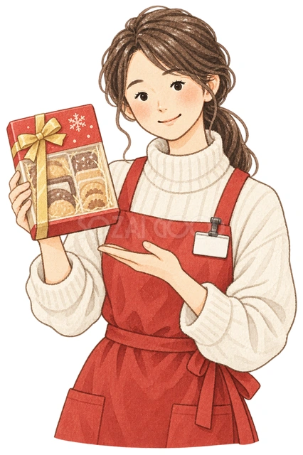 商品を紹介する店員の水彩イラスト