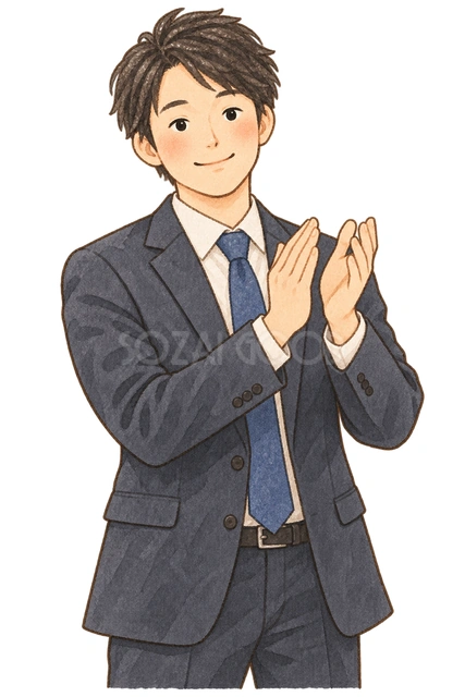 拍手する男性社員の水彩イラスト