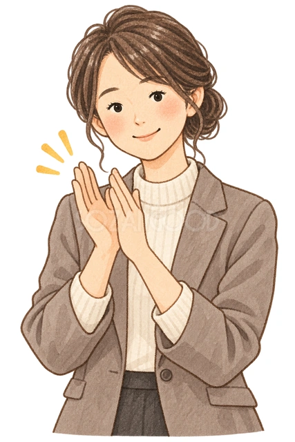 拍手する女性社員の水彩イラスト
