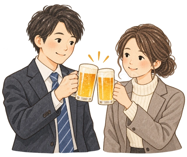 乾杯する会社員男女の水彩イラスト