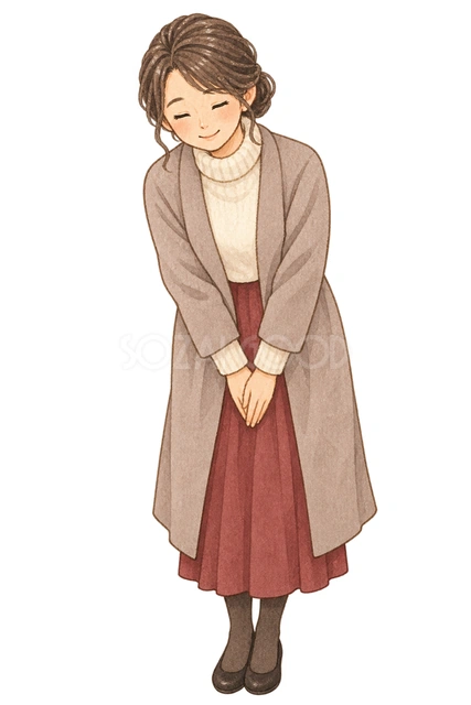 感謝のお辞儀をする女性の水彩イラスト