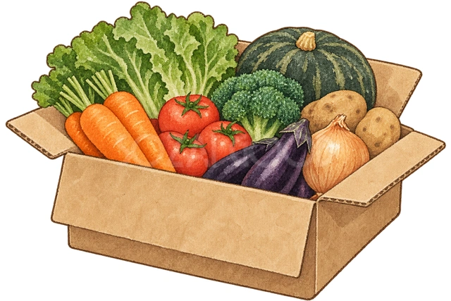 返礼品の箱と野菜の水彩イラスト
