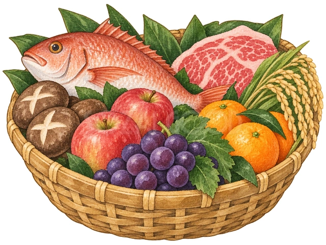 地域の特産品のかごの水彩イラスト