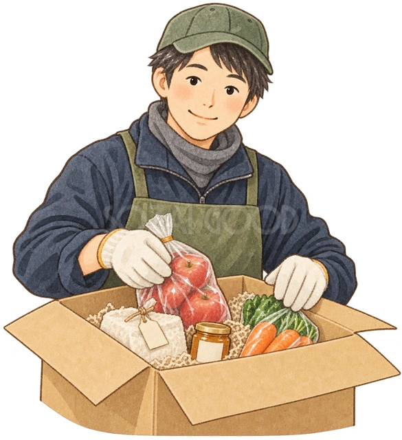 特産品を梱包する生産者の水彩イラスト