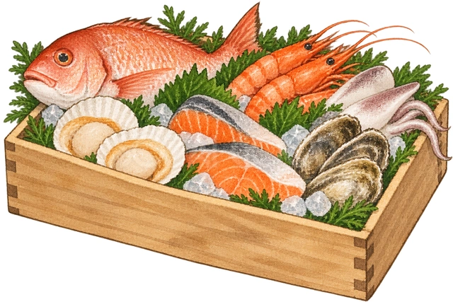 魚介の返礼品箱の水彩イラスト