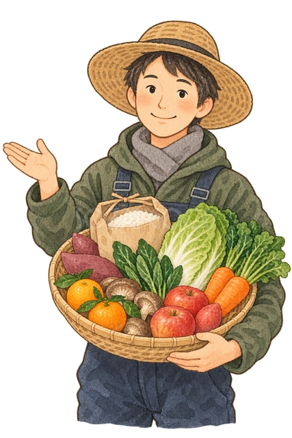 地域の品を紹介する農家の水彩イラスト