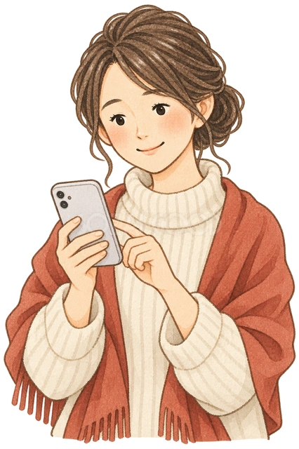 スマートフォンで申し込む女性の水彩イラスト