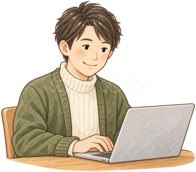 パソコンで申し込む男性の水彩イラスト