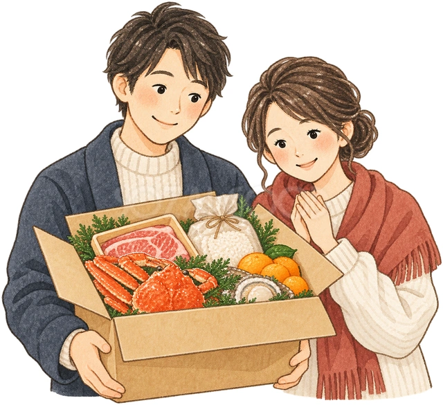 返礼品を受け取る夫婦の水彩イラスト