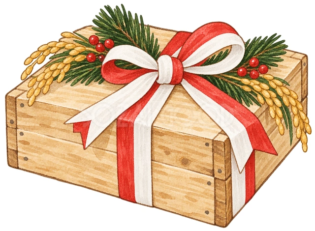 紅白リボンの初荷箱の水彩イラスト