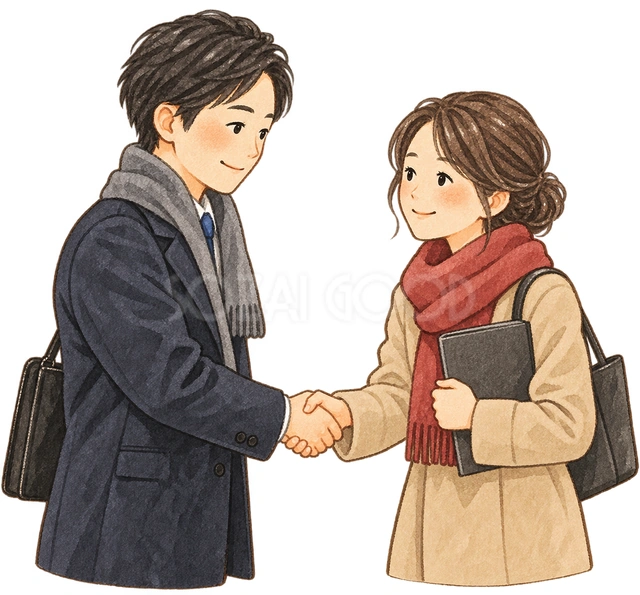 新年に挨拶する取引先二人の水彩イラスト