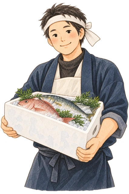 初荷を受け取る店主の水彩イラスト
