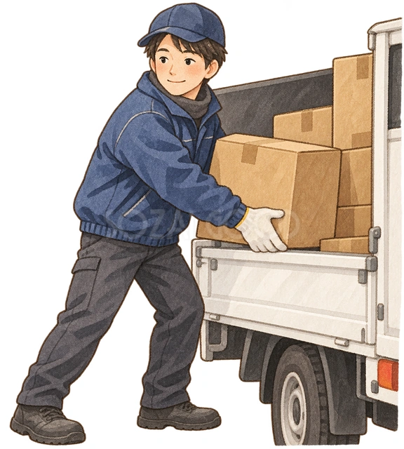 荷物を積む男性の水彩イラスト