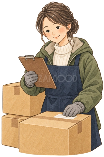 荷物を確認する女性の水彩イラスト