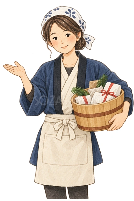 初商いの店主の水彩イラスト